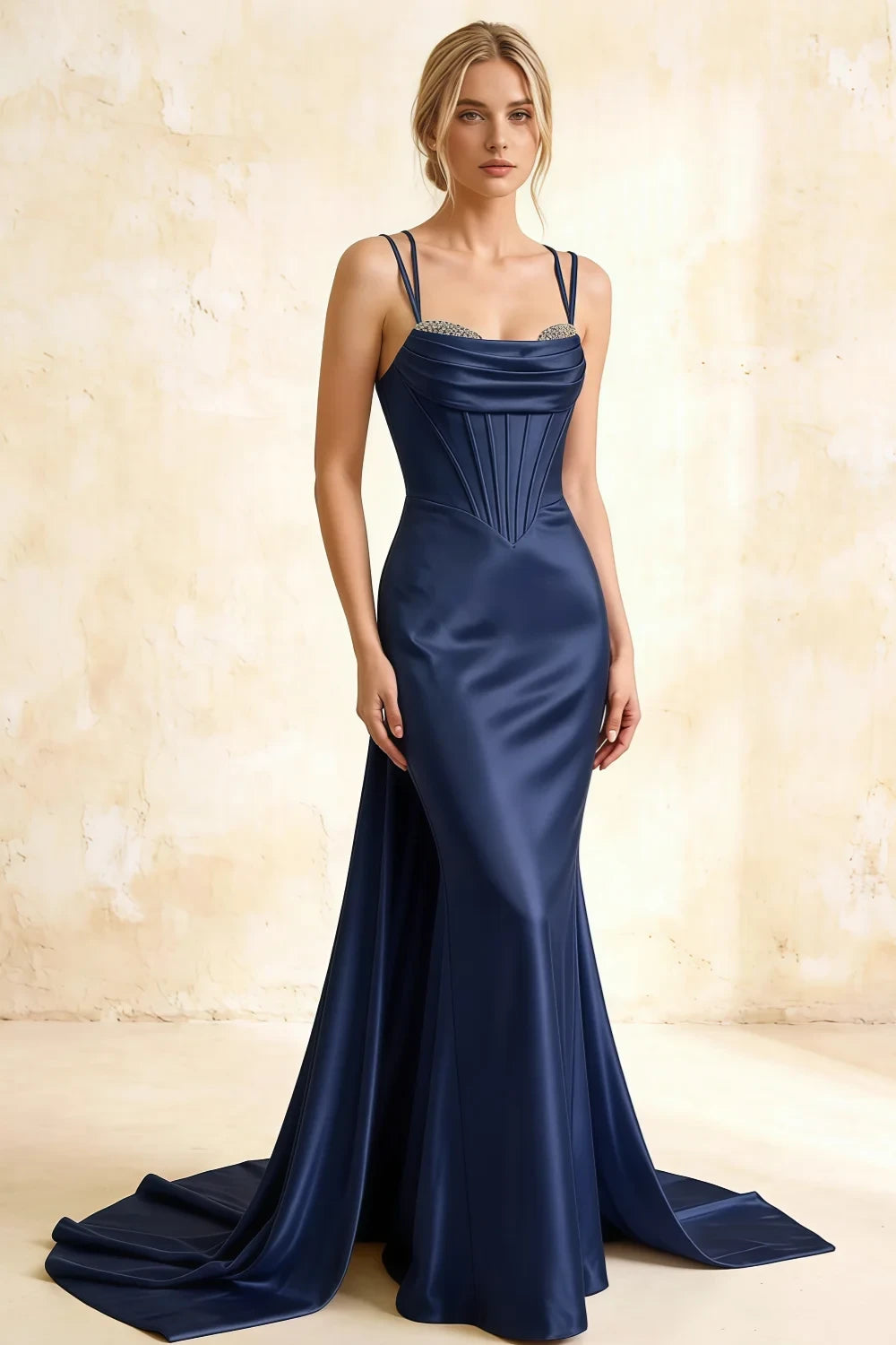 Ivy Dark Navy Satin Rhinestones Corset Maxi Dress
