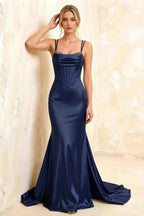Ivy Dark Navy Satin Rhinestones Corset Maxi Dress