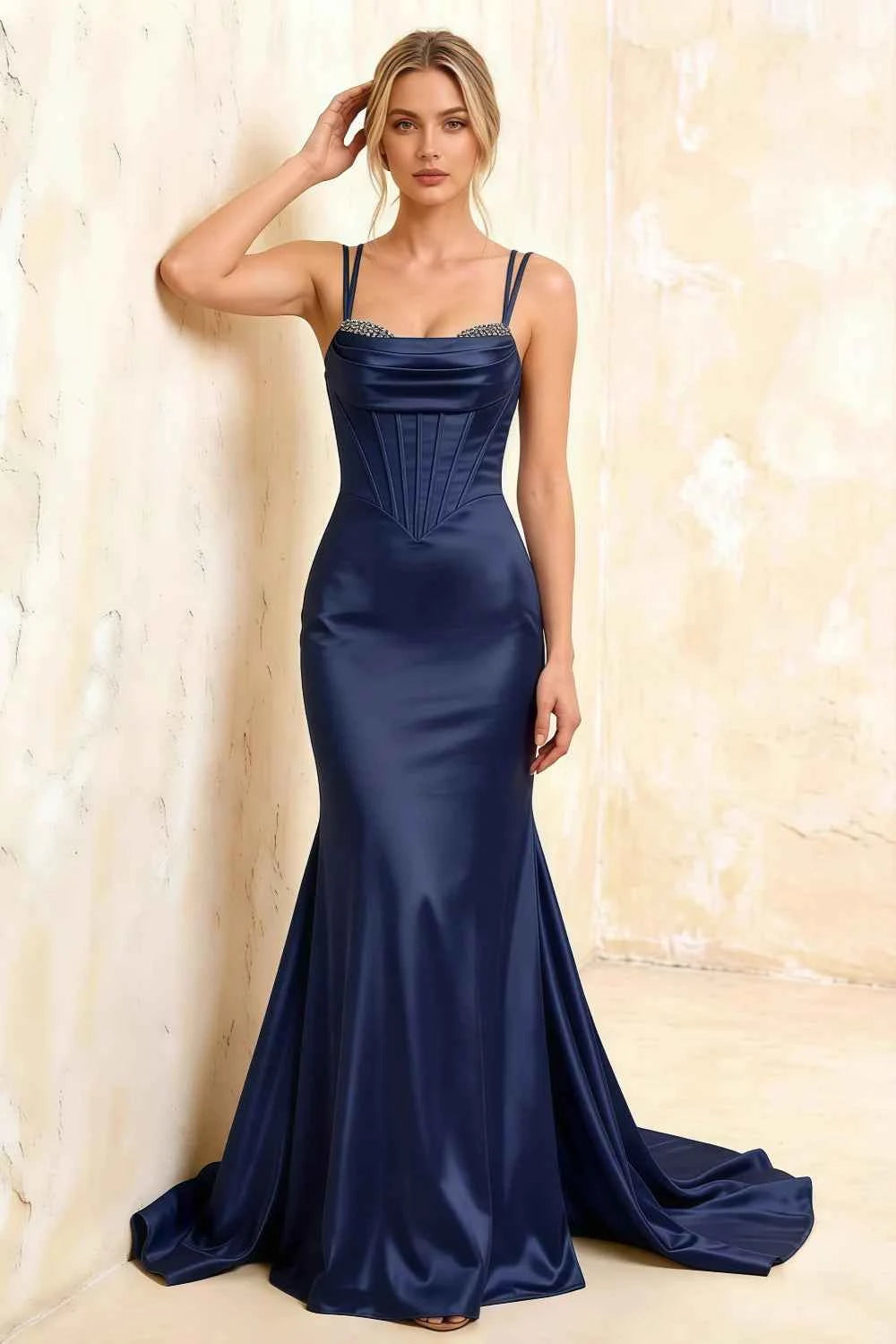 Ivy Dark Navy Satin Rhinestones Corset Maxi Dress