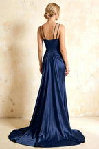 Ivy Dark Navy Satin Rhinestones Corset Maxi Dress