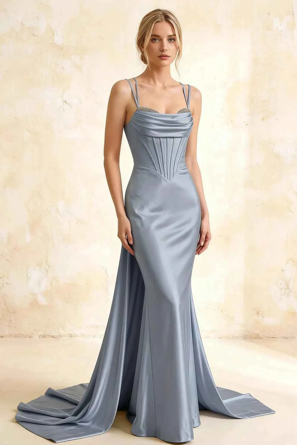 Ivy Dusty Blue Satin Rhinestones Corset Maxi Dress