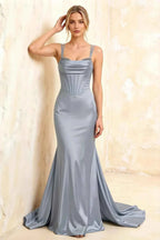 Ivy Dusty Blue Satin Rhinestones Corset Maxi Dress