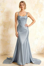 Ivy Dusty Blue Satin Rhinestones Corset Maxi Dress