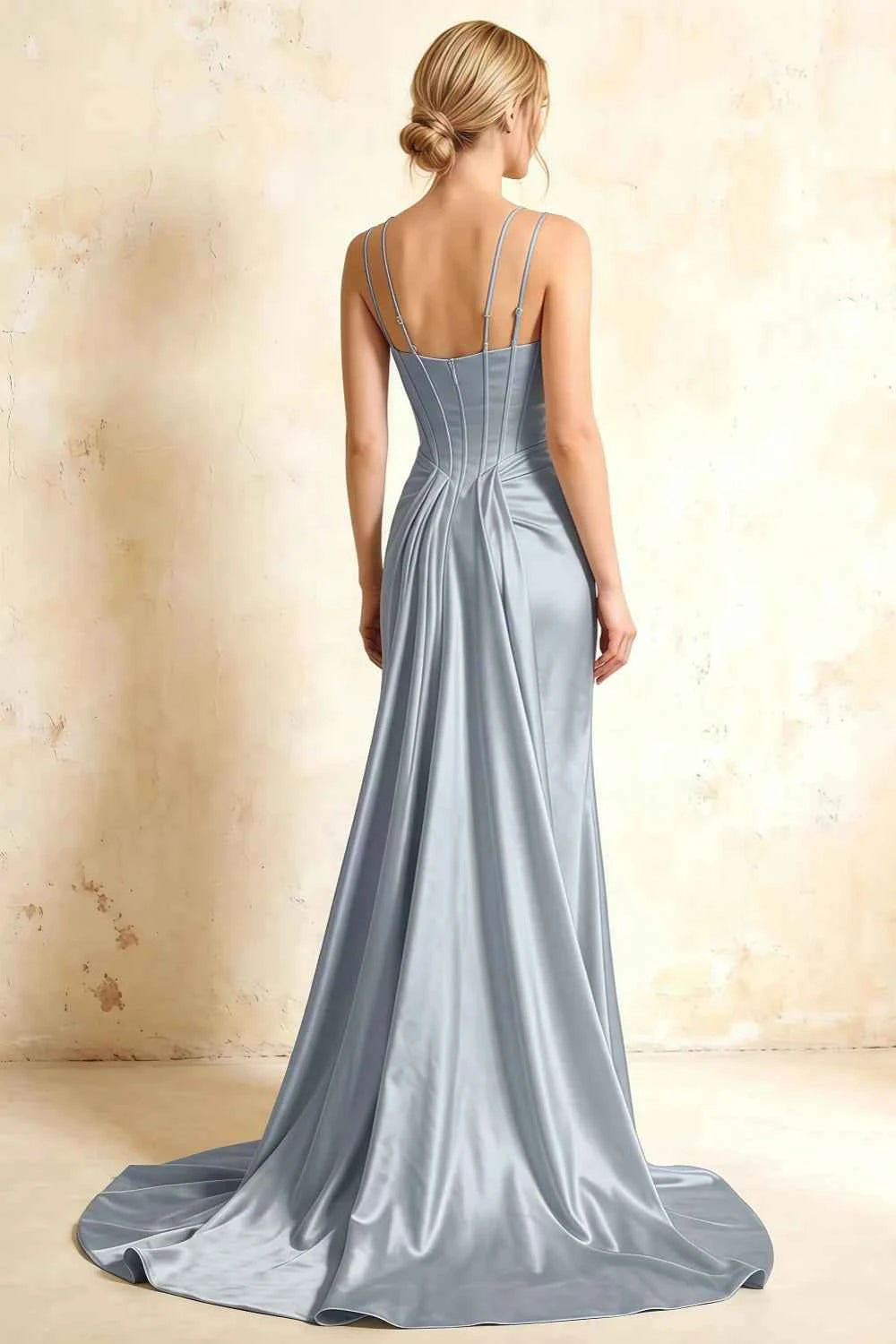 Ivy Dusty Blue Satin Rhinestones Corset Maxi Dress