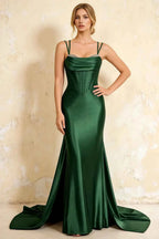 Ivy Emerald Green Satin Rhinestones Corset Maxi Dress