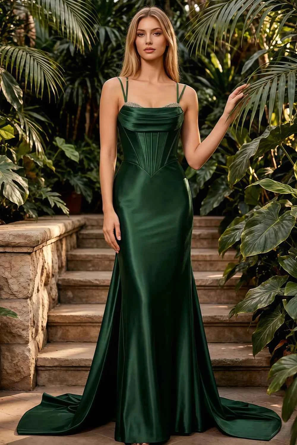 Ivy Emerald Green Satin Rhinestones Corset Maxi Dress