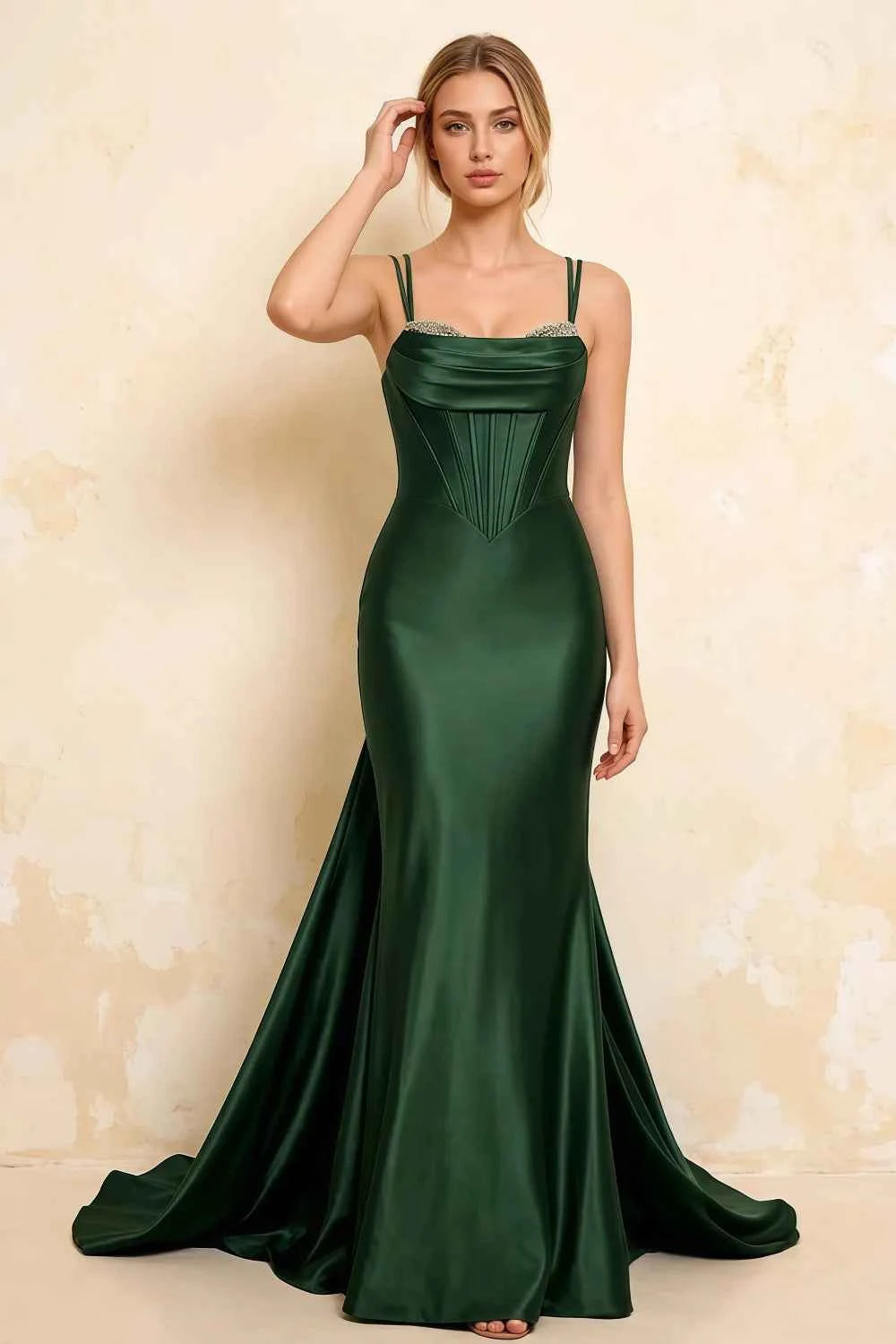 Ivy Emerald Green Satin Rhinestones Corset Maxi Dress