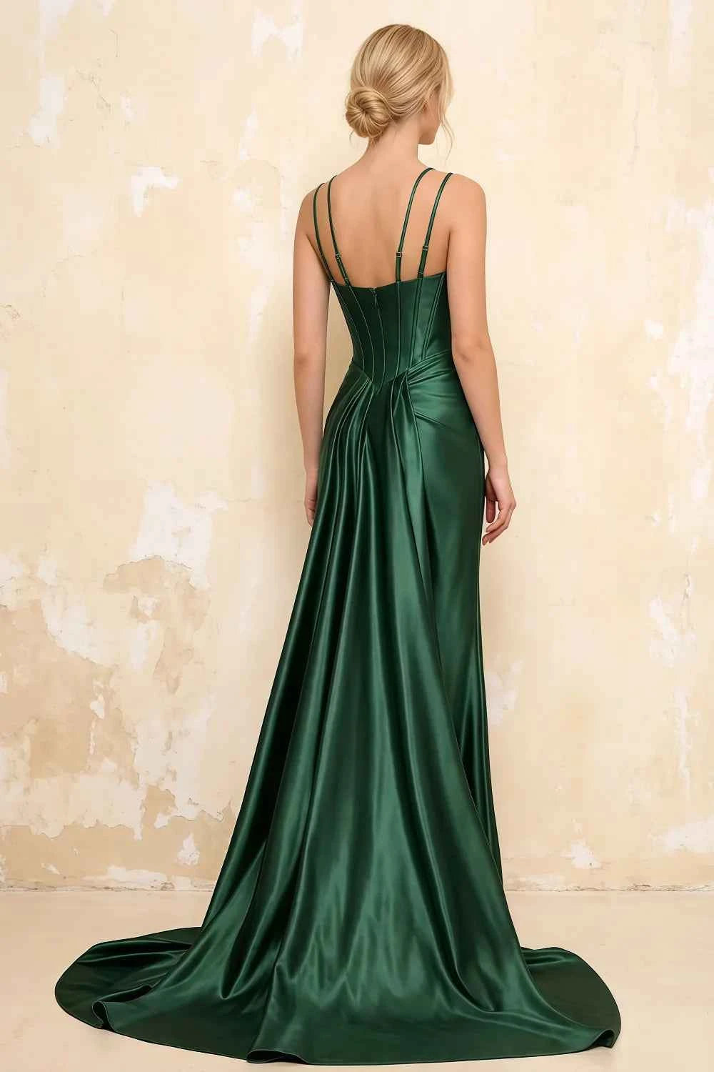 Ivy Emerald Green Satin Rhinestones Corset Maxi Dress