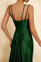 Ivy Emerald Green Satin Rhinestones Corset Maxi Dress