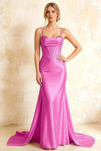 Ivy Fuchsia Satin Rhinestones Corset Maxi Dress