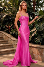 Ivy Fuchsia Satin Rhinestones Corset Maxi Dress