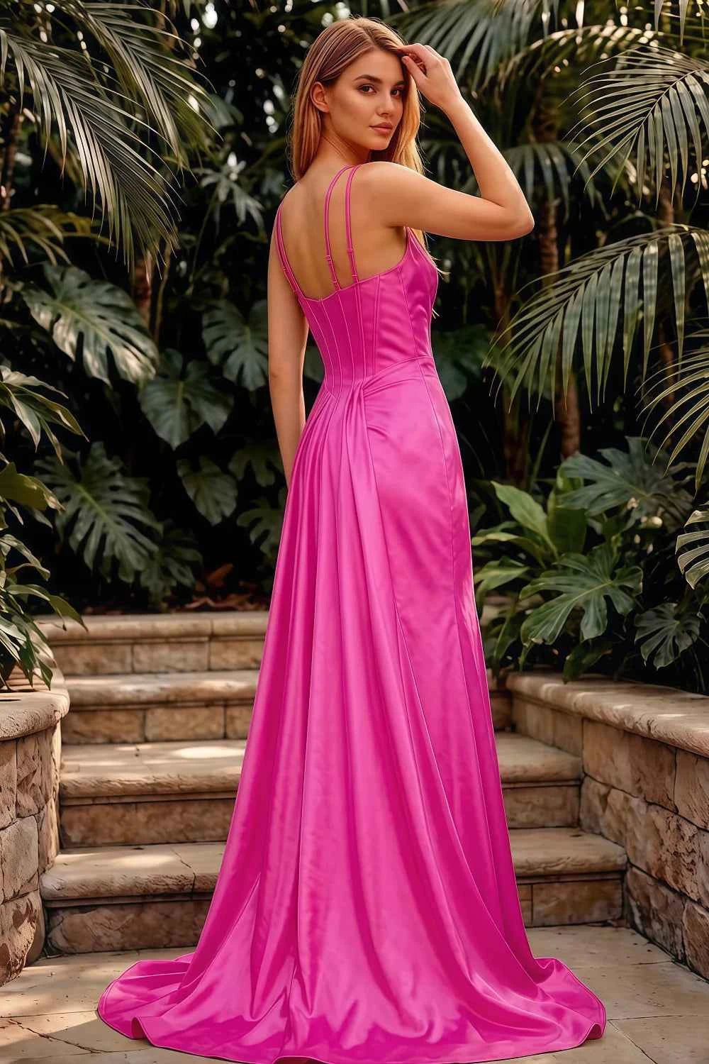 Ivy Fuchsia Satin Rhinestones Corset Maxi Dress