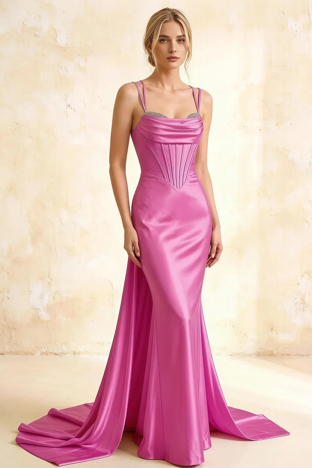Ivy Fuchsia Satin Rhinestones Corset Maxi Dress