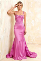 Ivy Fuchsia Satin Rhinestones Corset Maxi Dress