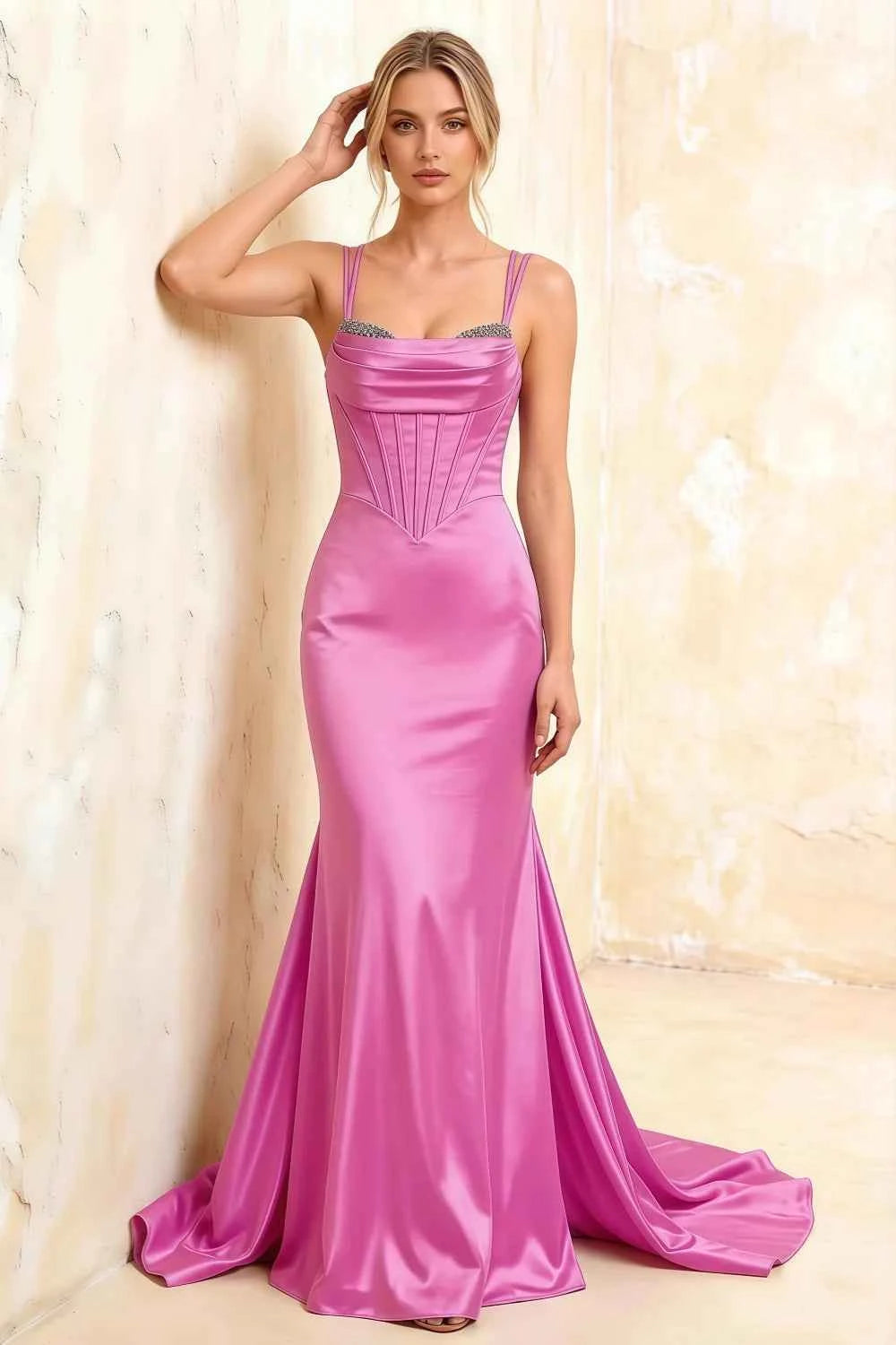 Ivy Fuchsia Satin Rhinestones Corset Maxi Dress