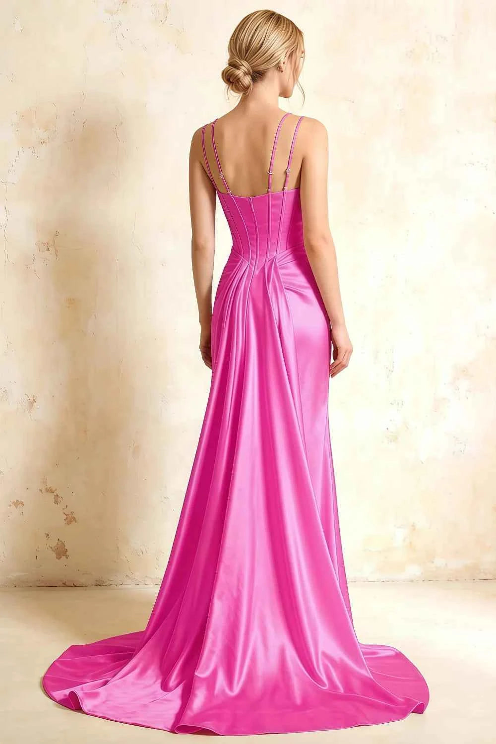 Ivy Fuchsia Satin Rhinestones Corset Maxi Dress