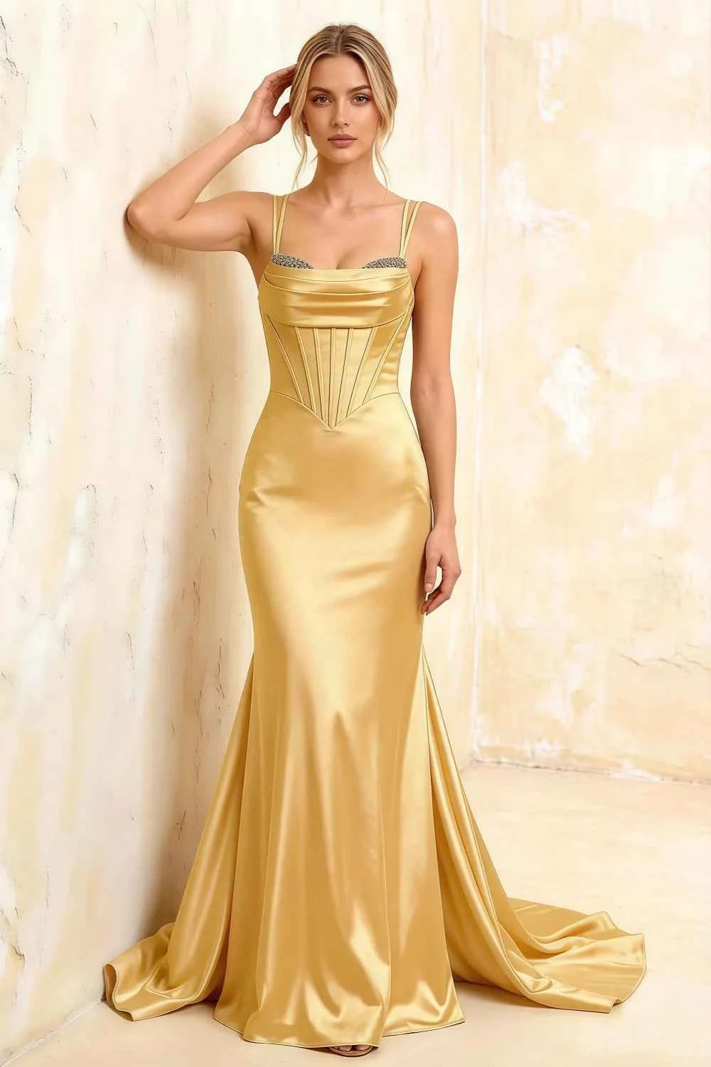 Ivy Golden Satin Rhinestones Corset Maxi Dress Imagen principal del producto