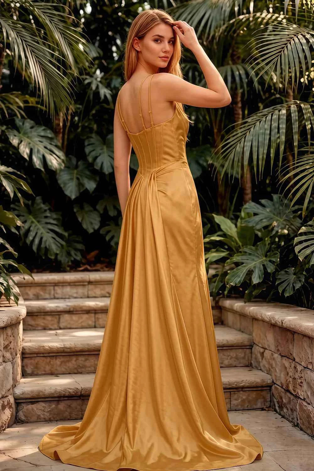 Ivy Golden Satin Rhinestones Corset Maxi Dress