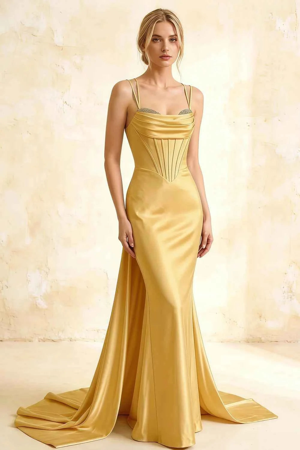 Ivy Golden Satin Rhinestones Corset Maxi Dress