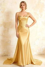 Ivy Golden Satin Rhinestones Corset Maxi Dress