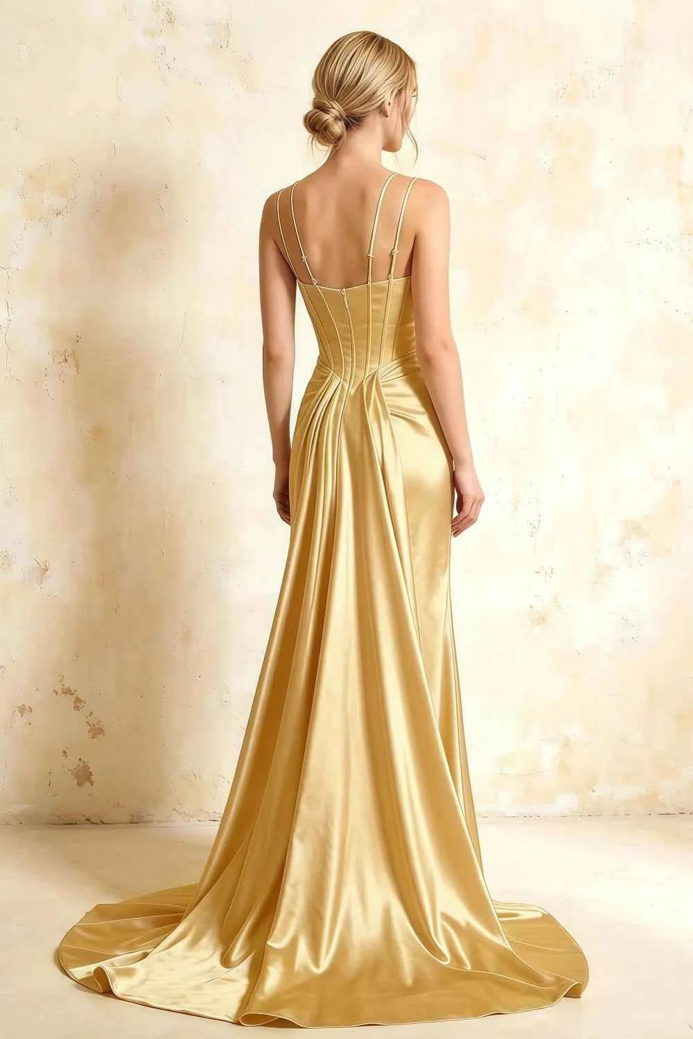 Ivy Golden Satin Rhinestones Corset Maxi Dress