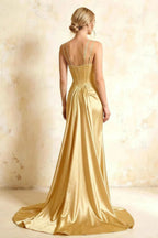 Ivy Golden Satin Rhinestones Corset Maxi Dress