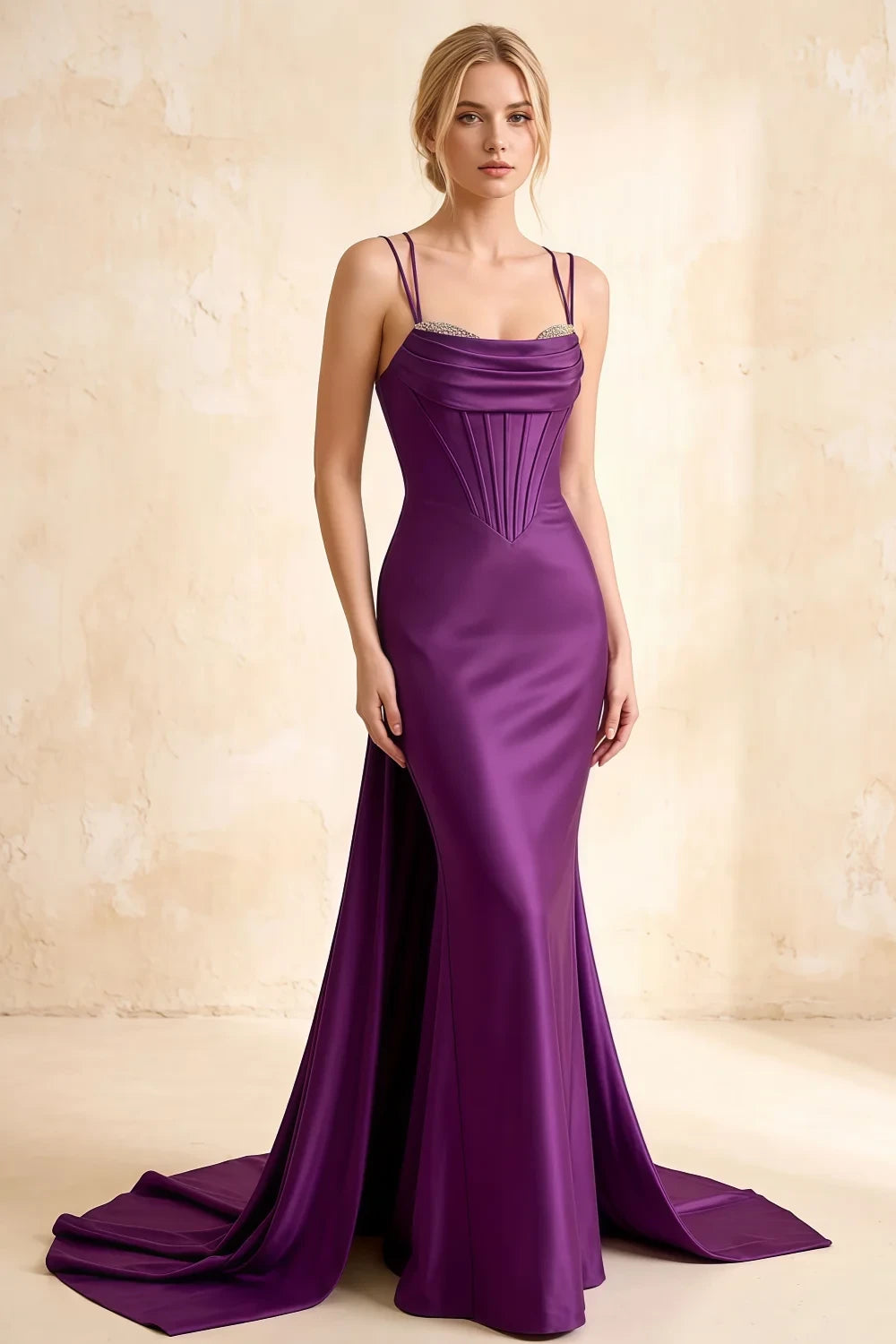 Ivy Grape Satin Rhinestones Corset Maxi Dress