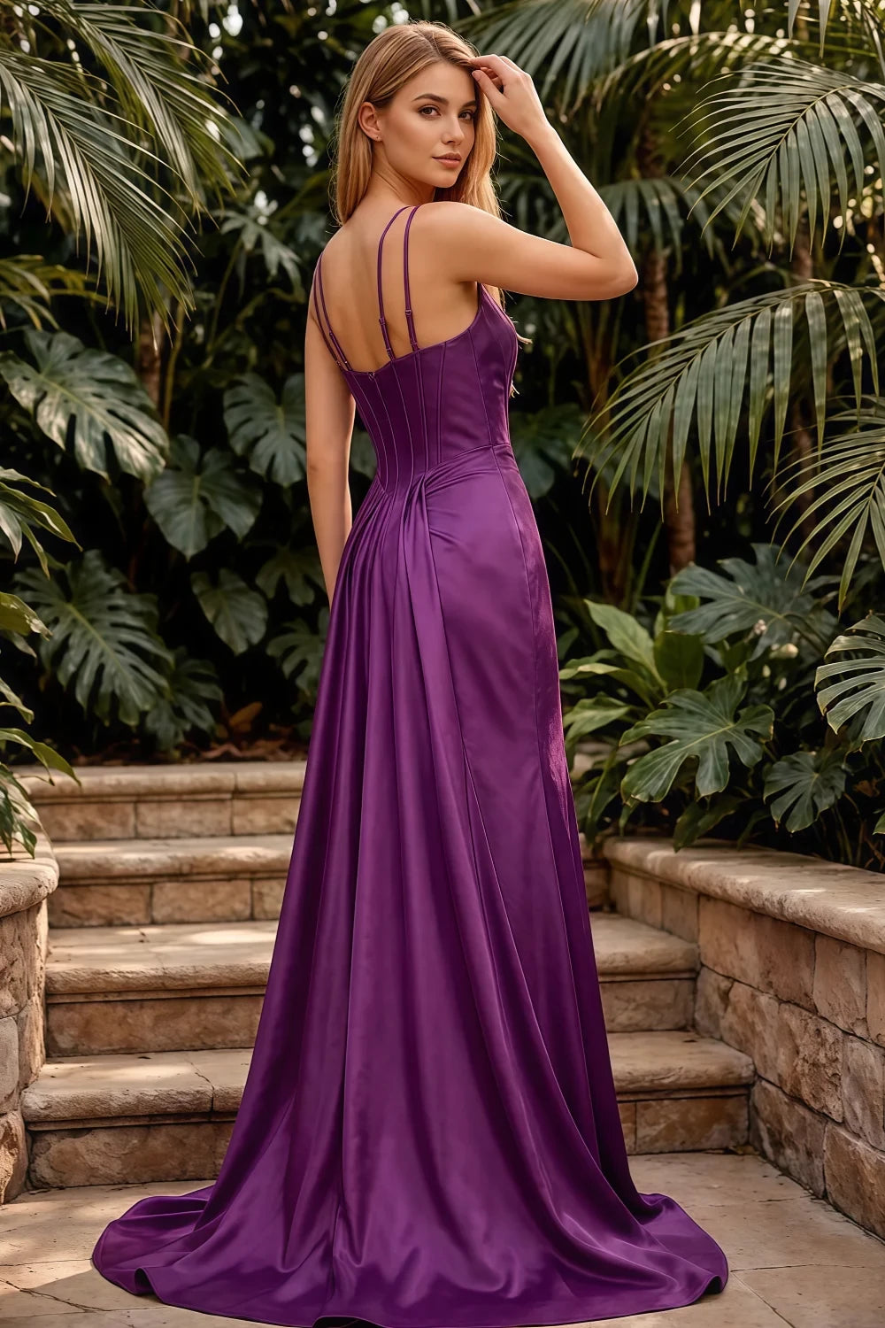 Ivy Grape Satin Rhinestones Corset Maxi Dress