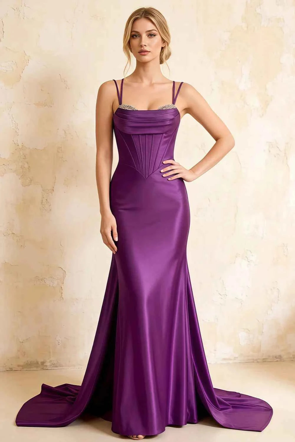 Ivy Grape Satin Rhinestones Corset Maxi Dress