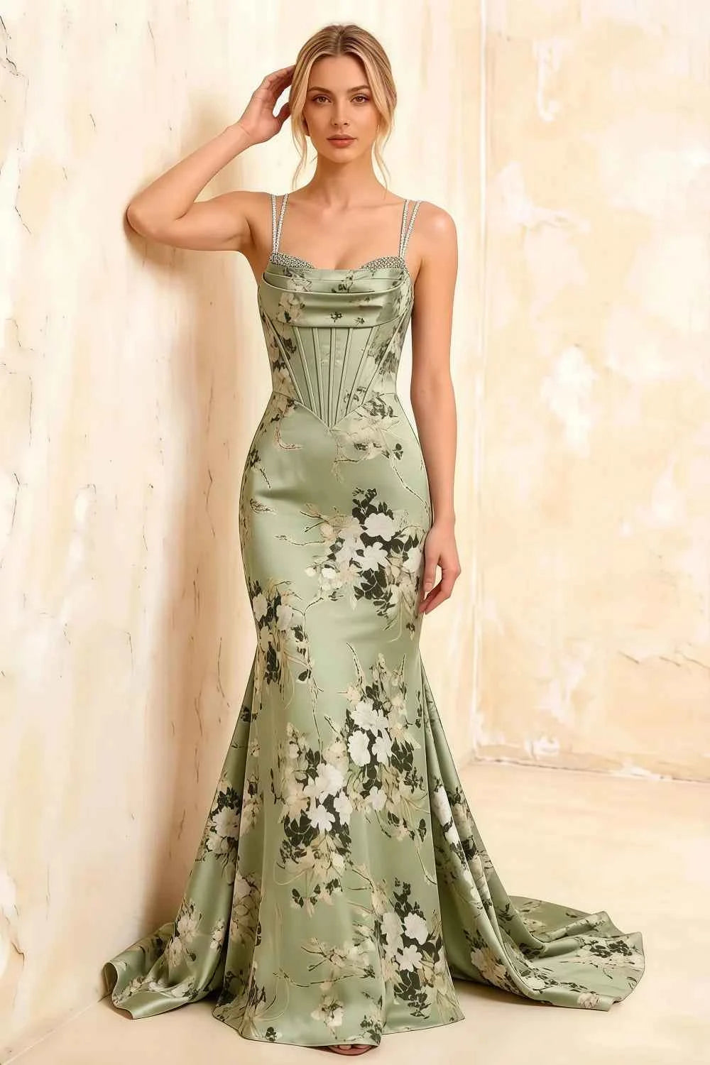 Ivy Green Floral Rhinestones Corset Maxi Dress Imagen principal del producto
