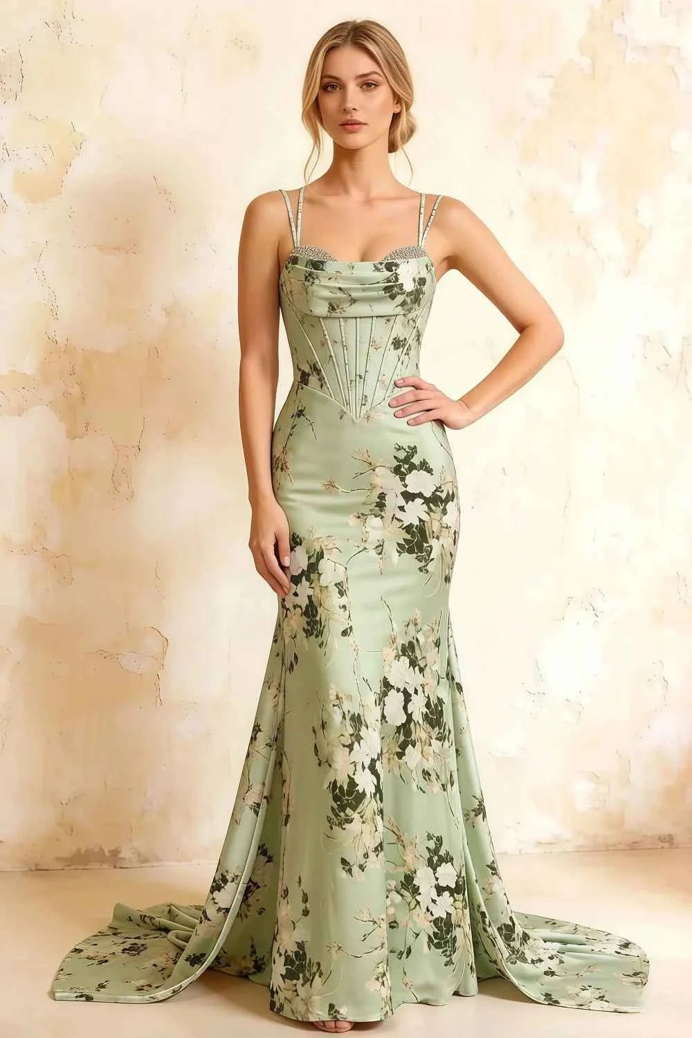 Ivy Green Floral Rhinestones Corset Maxi Dress