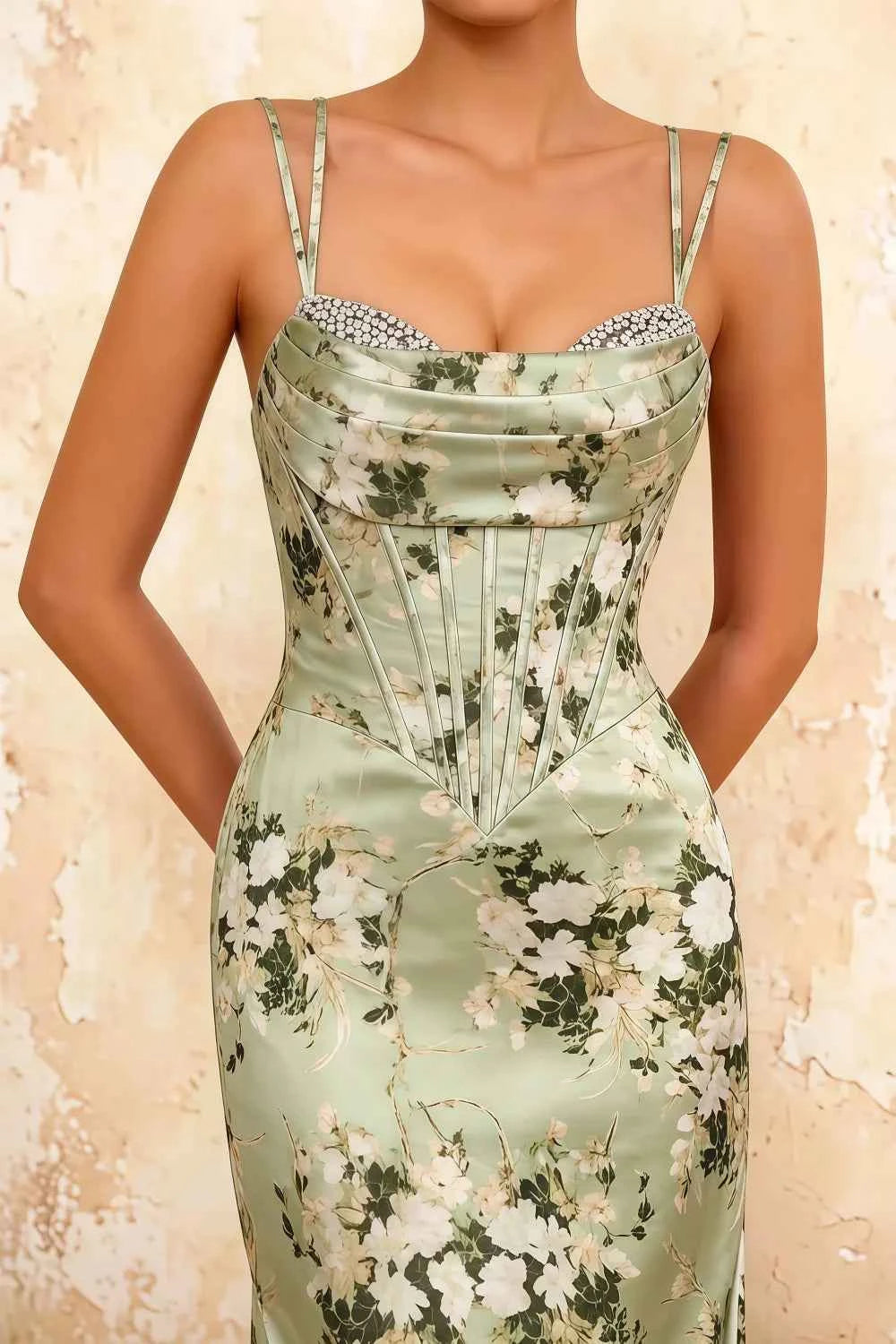 Ivy Green Floral Rhinestones Corset Maxi Dress