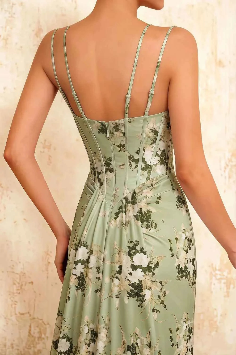 Ivy Green Floral Rhinestones Corset Maxi Dress