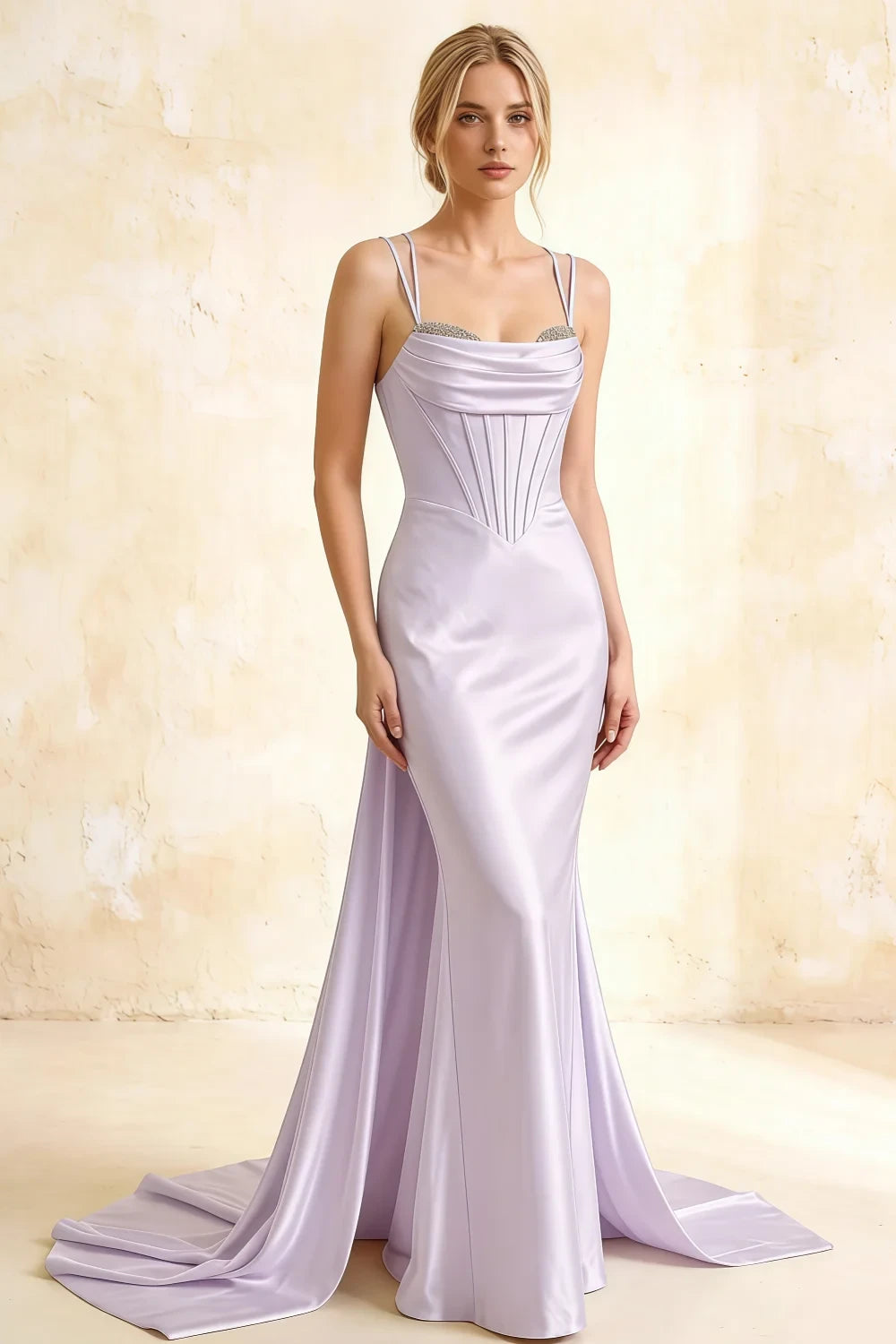 Ivy Lavender Satin Rhinestones Corset Maxi Dress Imagen principal del producto