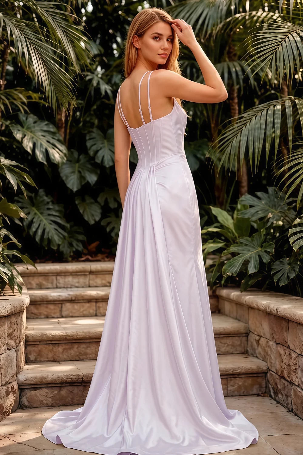 Ivy Lavender Satin Rhinestones Corset Maxi Dress