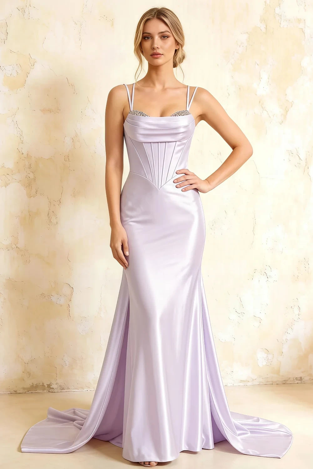 Ivy Lavender Satin Rhinestones Corset Maxi Dress