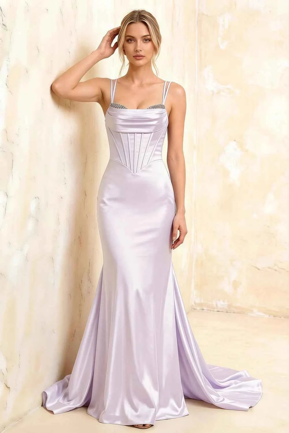 Ivy Lavender Satin Rhinestones Corset Maxi Dress