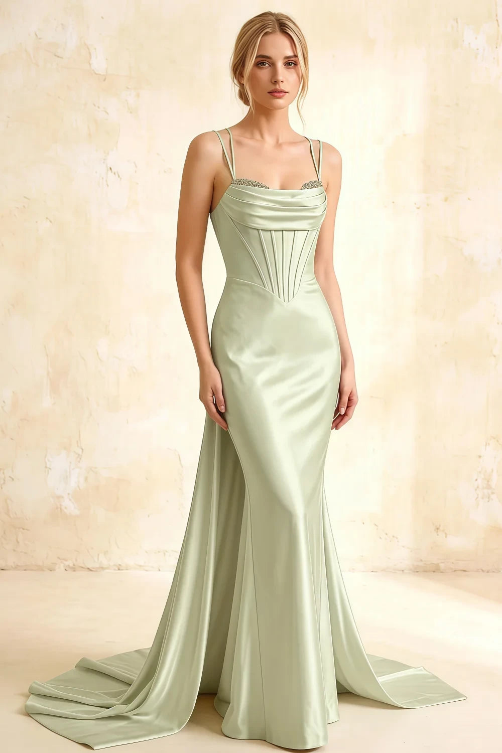 Ivy Mint Green Satin Rhinestones Corset Maxi Dress