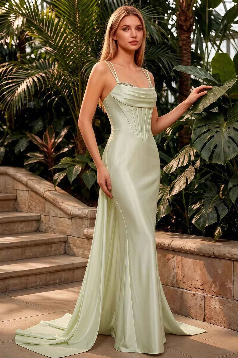 Ivy Mint Green Satin Rhinestones Corset Maxi Dress Secondary image