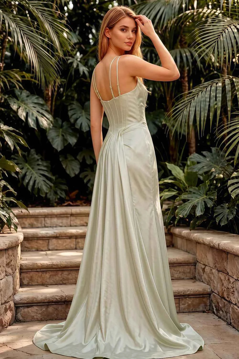 Ivy Mint Green Satin Rhinestones Corset Maxi Dress
