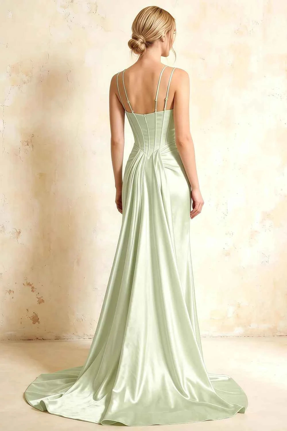 Ivy Mint Green Satin Rhinestones Corset Maxi Dress