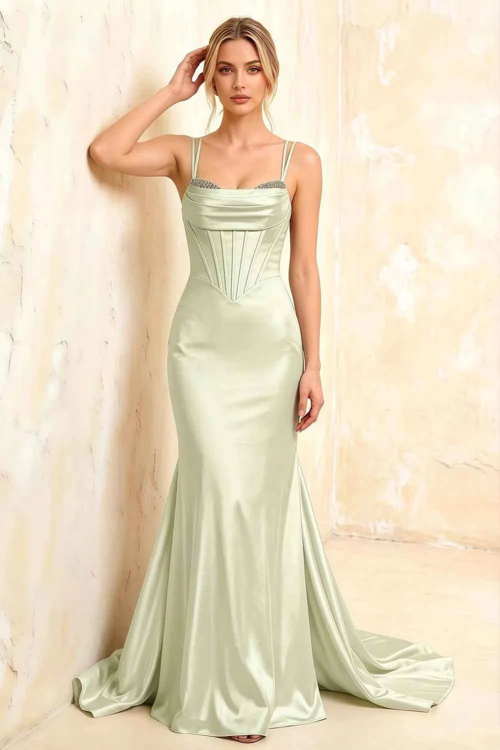 Ivy Mint Green Satin Rhinestones Corset Maxi Dress