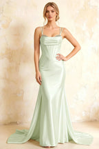 Ivy Mint Green Satin Rhinestones Corset Maxi Dress