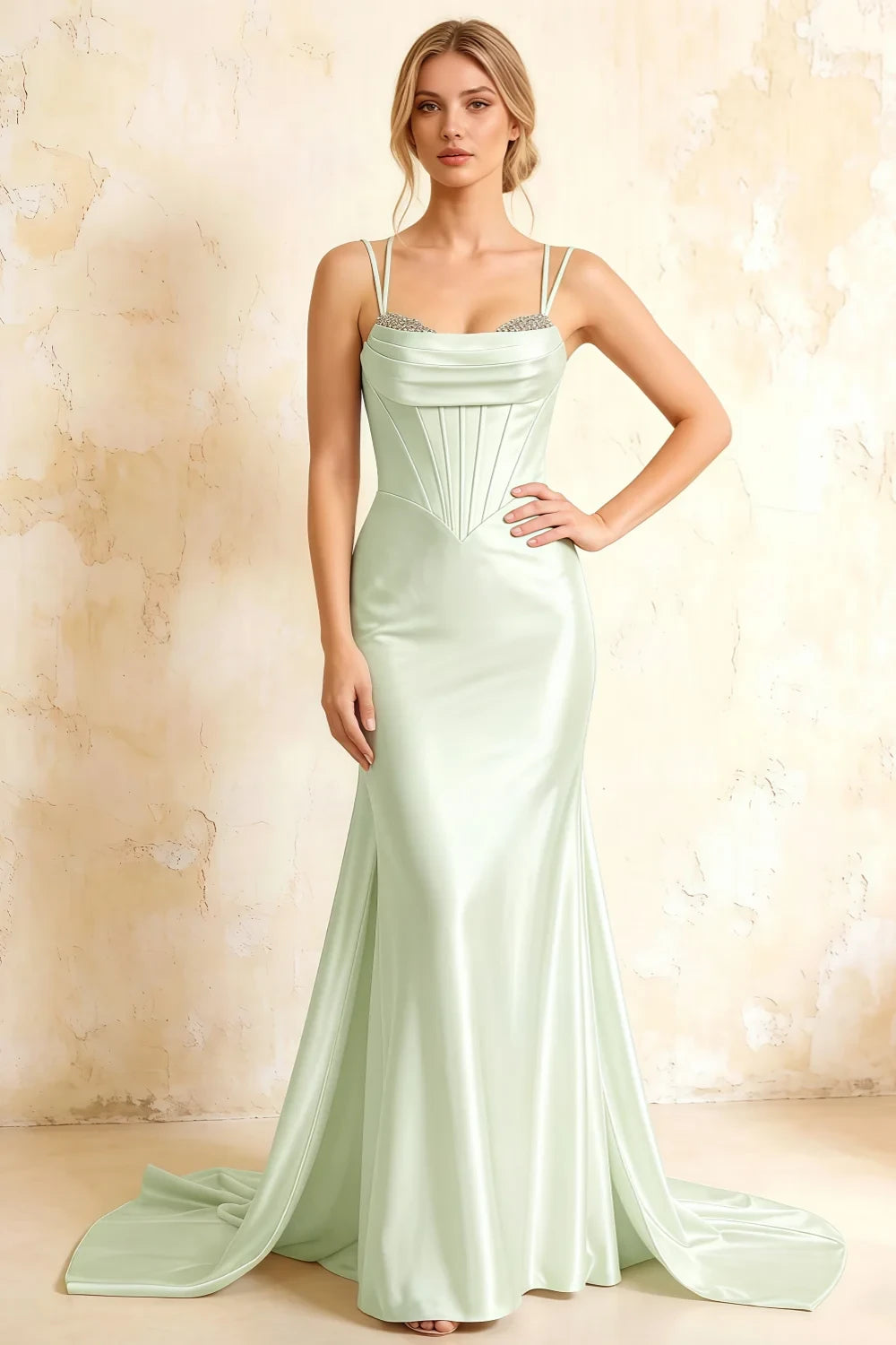 Ivy Mint Green Satin Rhinestones Corset Maxi Dress