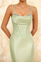 Ivy Mint Green Satin Rhinestones Corset Maxi Dress