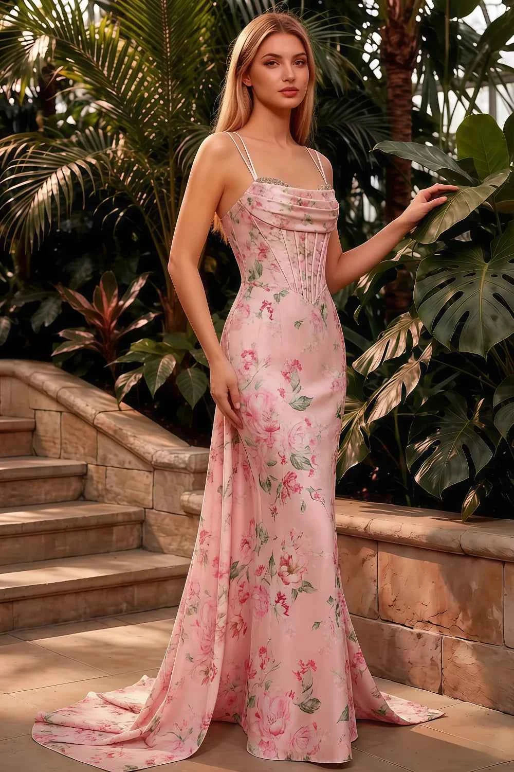 Ivy Pink Floral Rhinestones Corset Maxi Dress