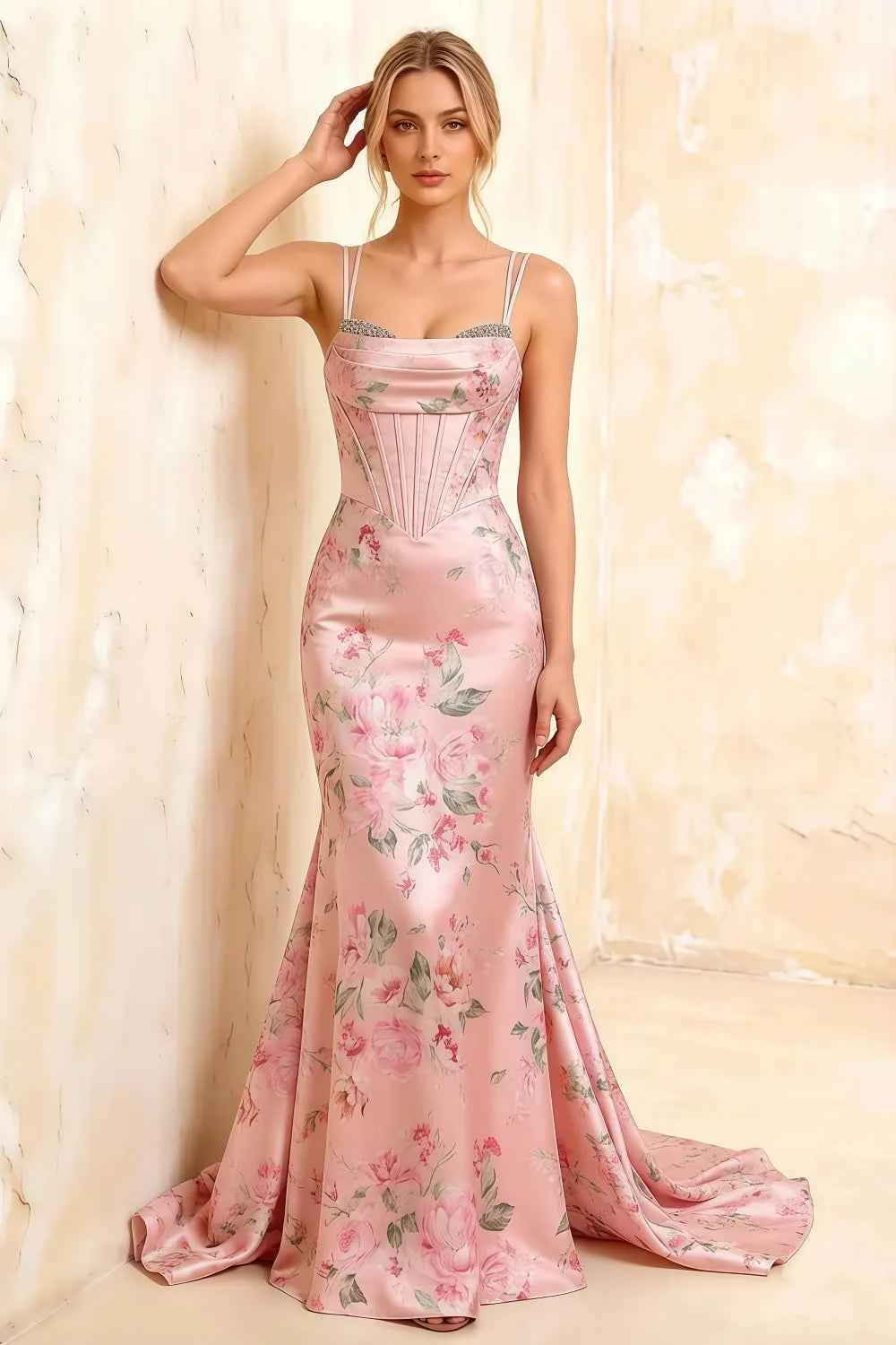 Ivy Pink Floral Rhinestones Corset Maxi Dress