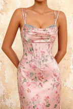 Ivy Pink Floral Rhinestones Corset Maxi Dress