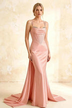 Ivy Pink Satin Rhinestones Corset Maxi Dress