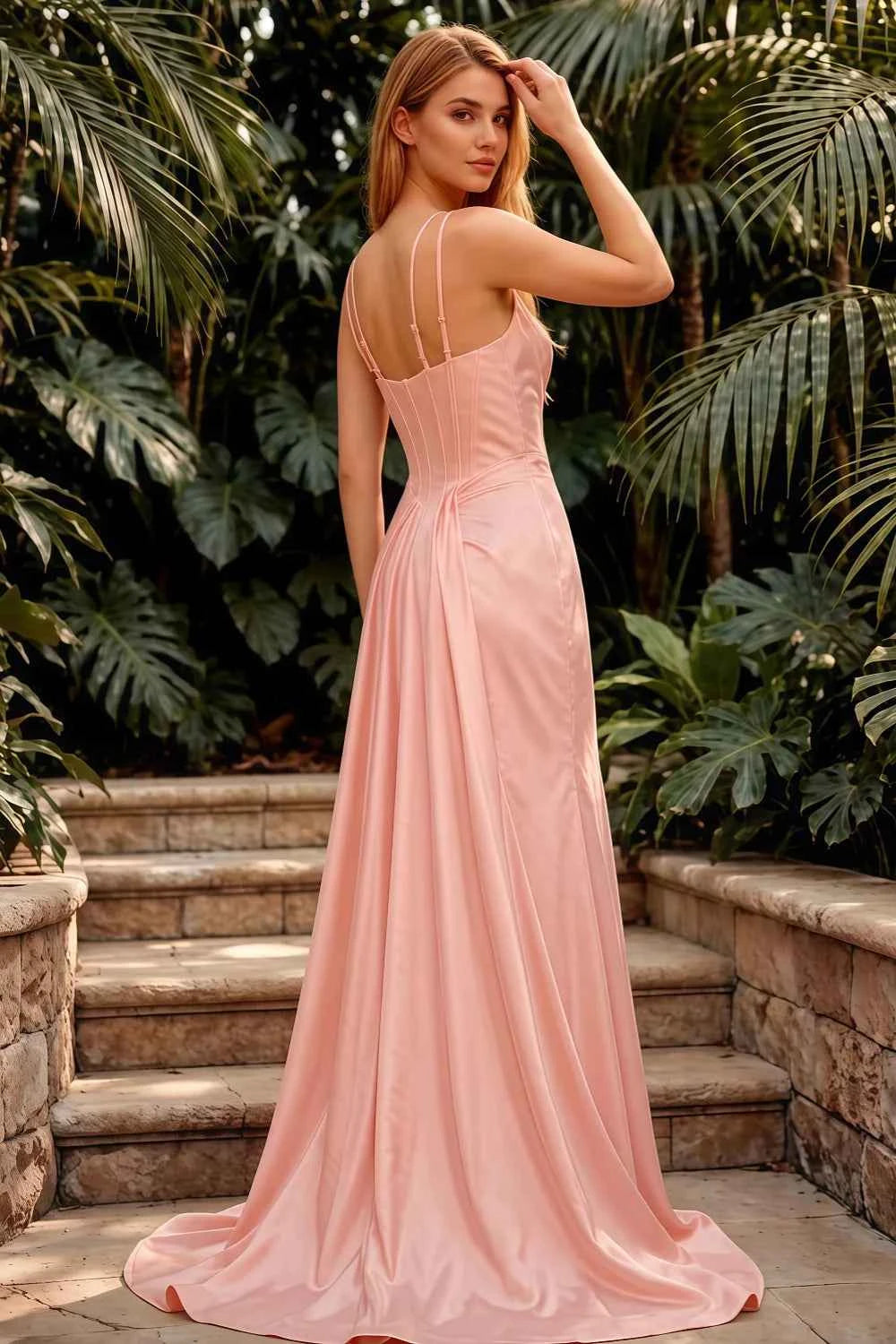 Ivy Pink Satin Rhinestones Corset Maxi Dress
